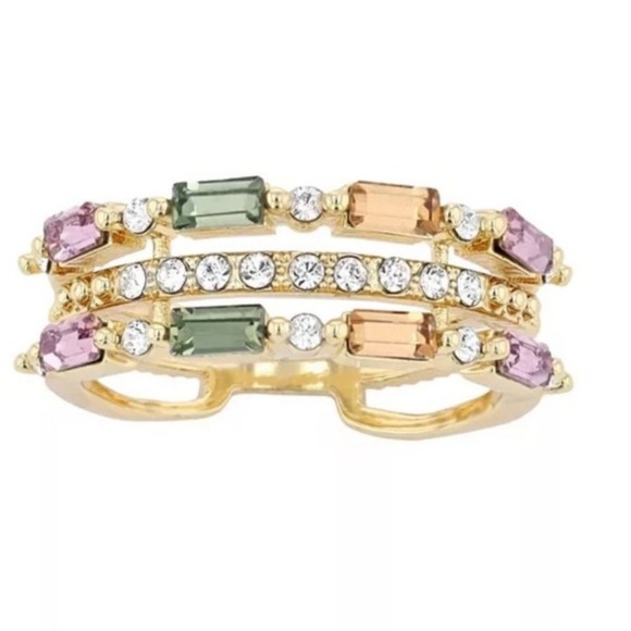Size 7 Brilliance Swarovski Crystal Baguette Triple Row Colorful Ring gemstones - Picture 2 of 2